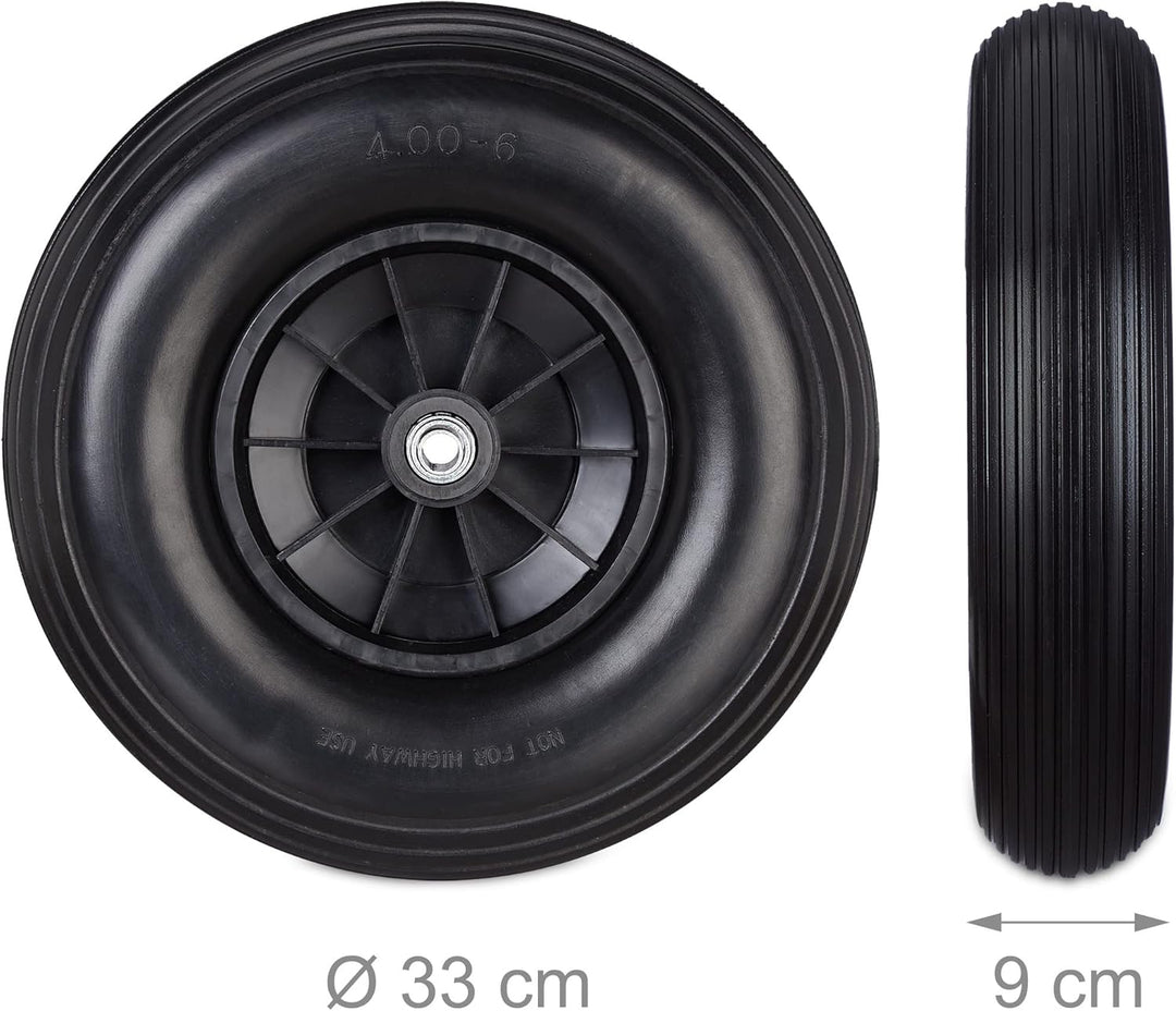 2 x Schubkarrenrad 4.00-6, Vollgummirad mit Kunststofffelge, je 3 Adapter, PU Ersatzrad pannensicher