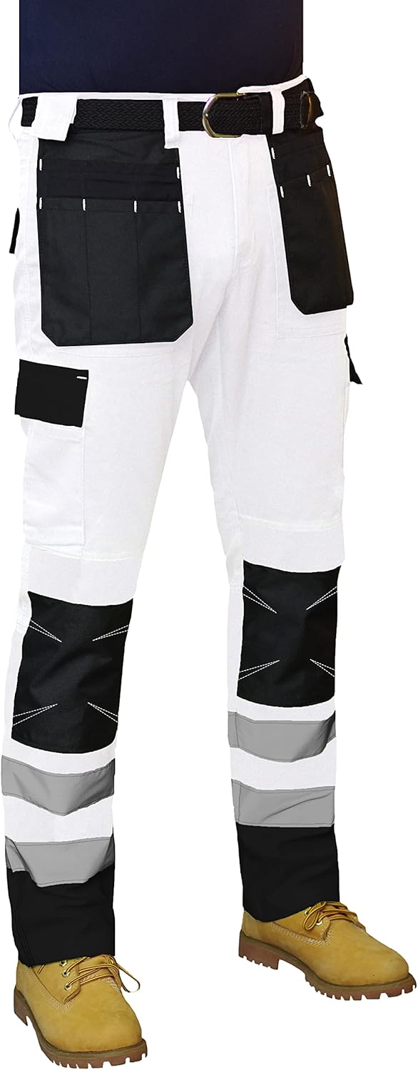 HASHOOB Herren Arbeitshose Maler Dekorateure Weisse Cargohose Pants Weiss-2 38W / 30L, Wei&#xDF;-2 3