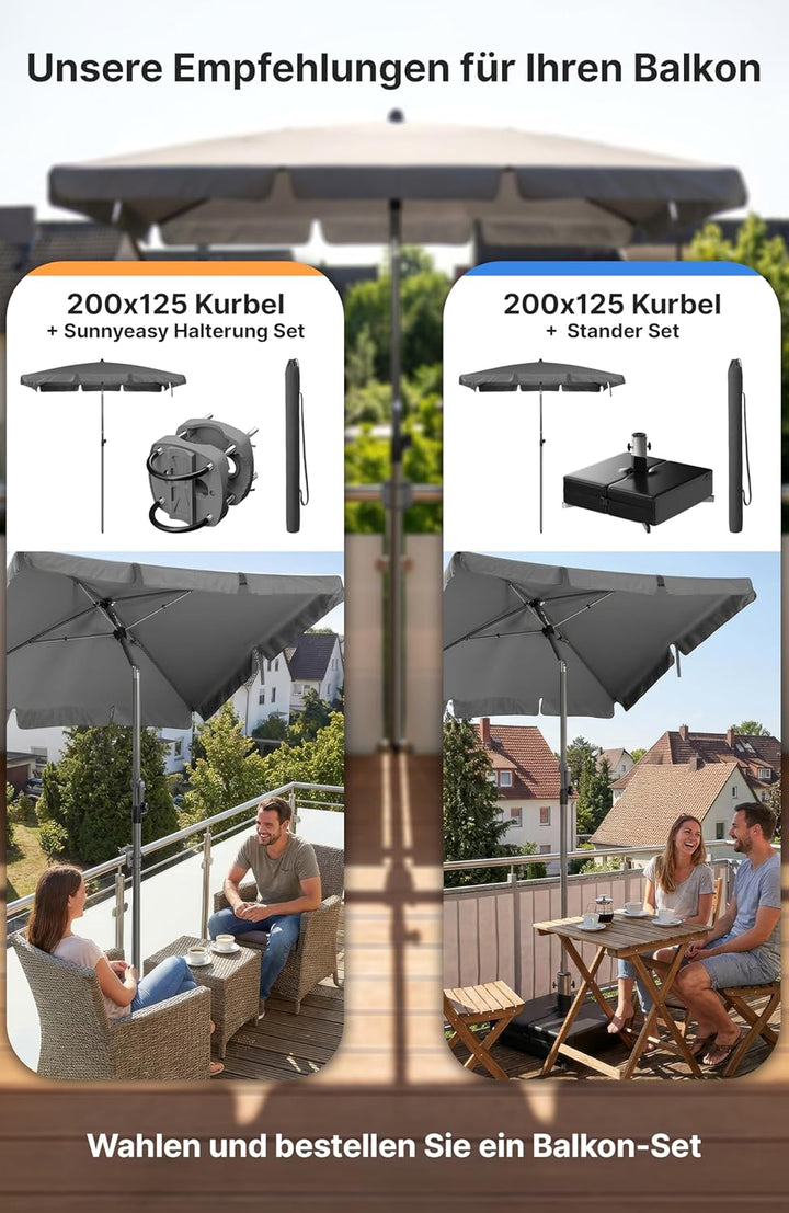 4smile Sonnenschirm Balkon mit Kurbel, Sonnenschirm rechteckig 200x125 cm, Sonnenschutz Balkon mit U
