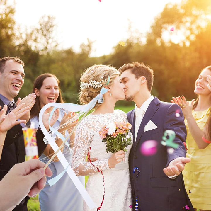 100 Stück Wedding Wands Spitze Stäbe mit Hochzeitsbändern Seidenfeenstab, Gastgeschenke für Partys,