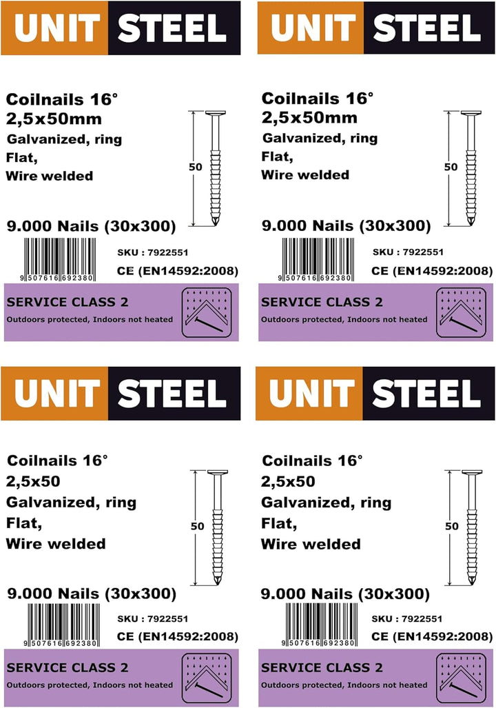 15° Coilnägel - 2,5x50mm, 9.000 stück, Ringnägel für Druckluft-Nagler, Ring/verzinkt, für fast alle