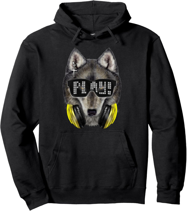 Grauer Wolf, die Hipster-Sonnenbrille und Kopfhörer trägt Pullover Hoodie