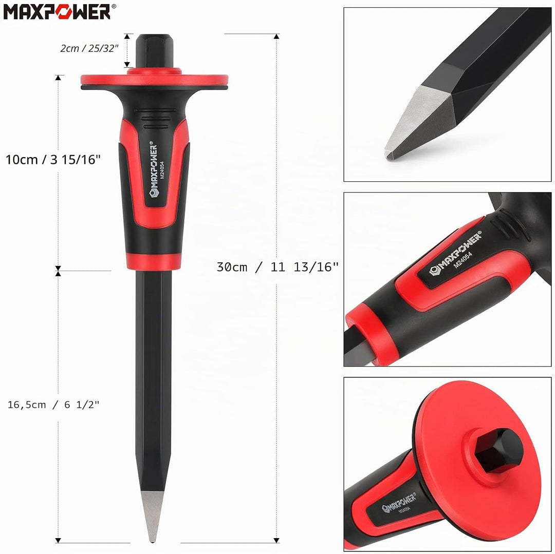 MAXPOWER Handmeissel Set 3 Stück mit Handschutz, Spitzmeissel 30cm, Präzisionsflachmeissel 30 x 3 cm