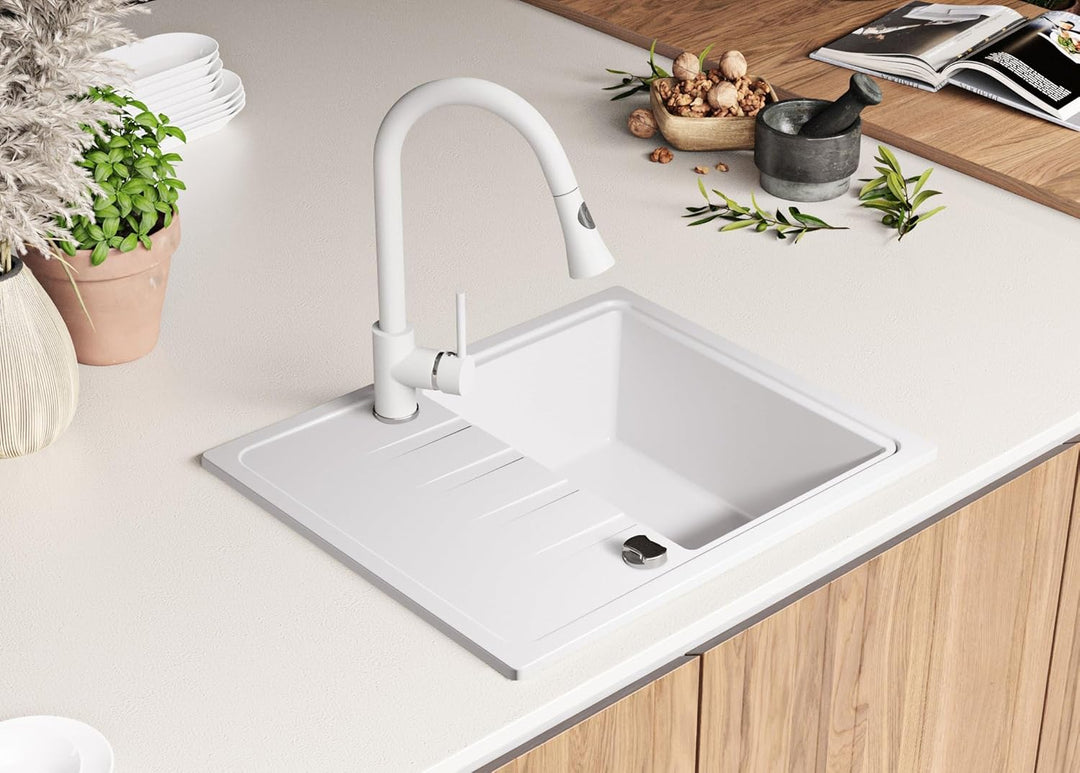 PRIMAGRAN Granitspüle Weiss 62x50cm, Granitspüle 1 Becken + Ablauf-Set, Küchenspüle ab 40er Untersch