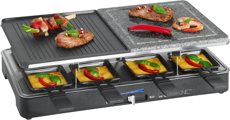 Clatronic RG 3518 Raclette-Grill mit heissem Stein zum Grillen und Überbacken, Wendegussplatte, Tisc