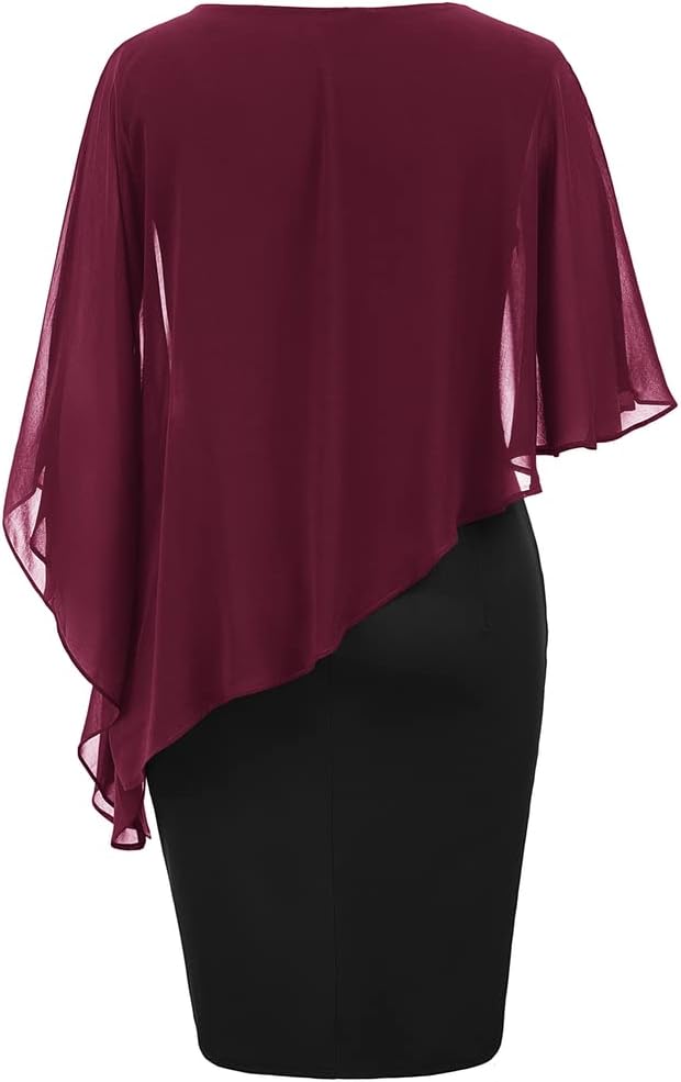 Hanna Nikole Damen Grosse Grösse Chiffon Cape Cocktailkleid Knielang Abendkleid mit Overlay M Weinro
