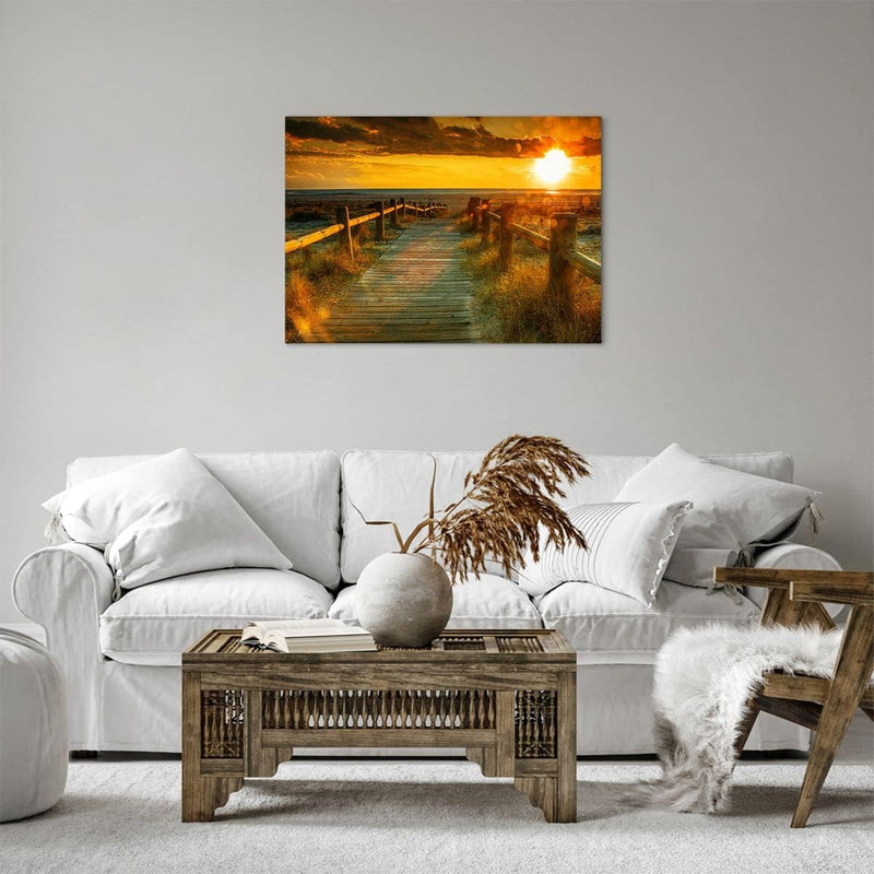 Bilder auf Leinwand Fussgängerbrücke Strand Urlaub Sonne Leinwandbild 70x50cm Wandbilder Dekoration