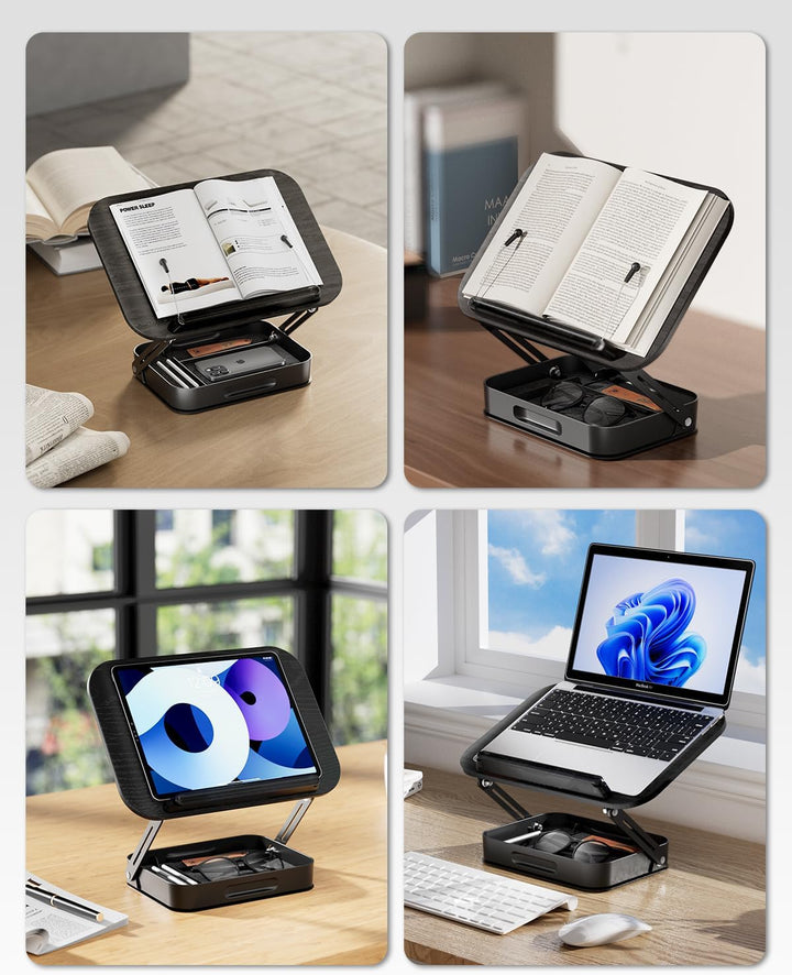 SupeDesk Buchständer Holz mit praktischem Stauraum, 360° drehbarer Buchhalter Leseständer, höhenvers