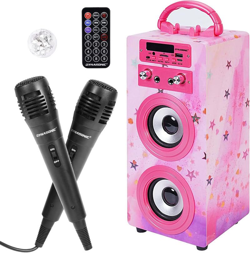 DYNASONIC Karaoke mit 2 Mikrofonen, tragbarer Karaoke-Maschine, Bluetooth-Lautsprecher, USB- und SD-