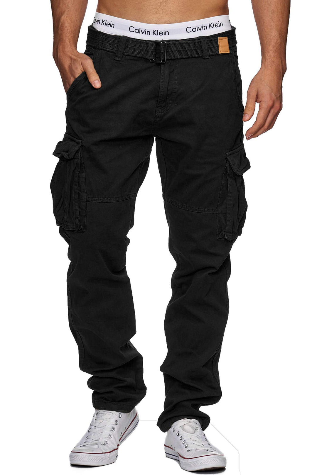 Indicode Herren William Cargohose aus Baumwolle m. 7 Taschen inkl. Gürtel | Outdoorhose L Schwarz, L