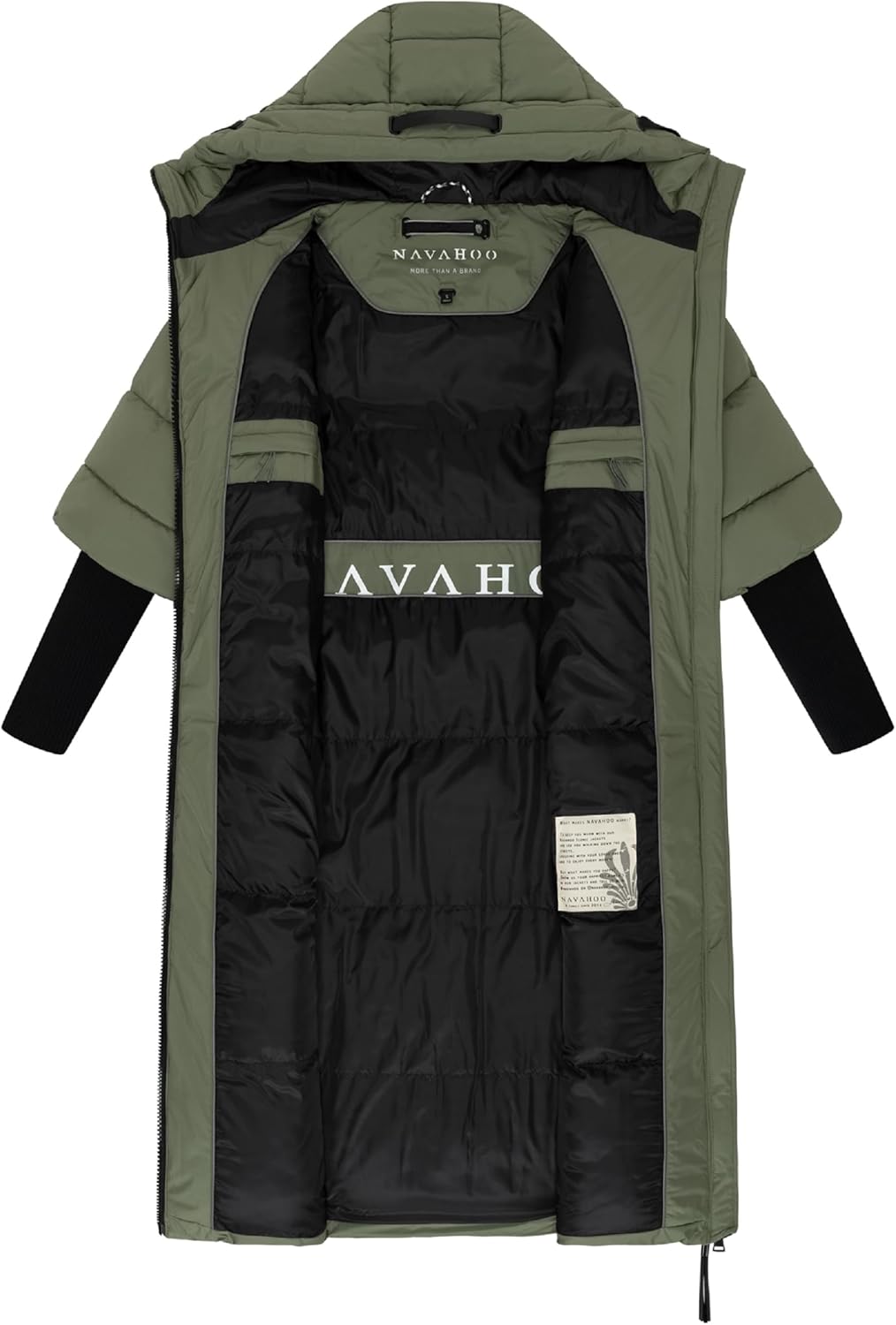Navahoo Damen langer Wintermantel warmer Steppmantel mit Kapuze und Rippstrickärmeln Ciao Miau XIV X
