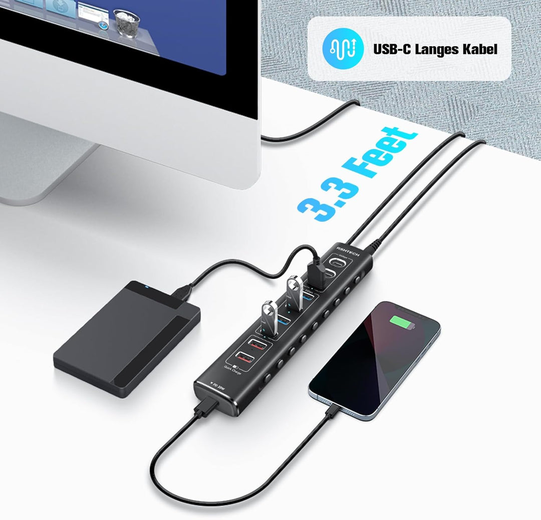 RSHTECH Aluminum 10-Port USB C 3.0/3.2 Hub Aktiv mit Netzteil, 3 * 10Gbps USB 3.2 (2*Typ-C, 1*Typ-A)