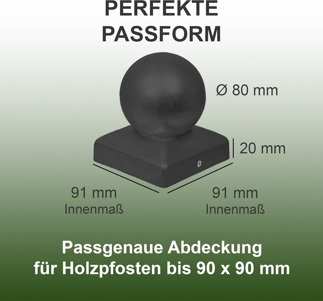 Pfostenkappe Kugel | Stahl Schwarz pulverbeschichtet | 91 x 91 mm | 10 Stück | Abdeckkappe für Garte