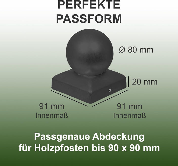 Pfostenkappe Kugel | Stahl Schwarz pulverbeschichtet | 91 x 91 mm | 10 Stück | Abdeckkappe für Garte