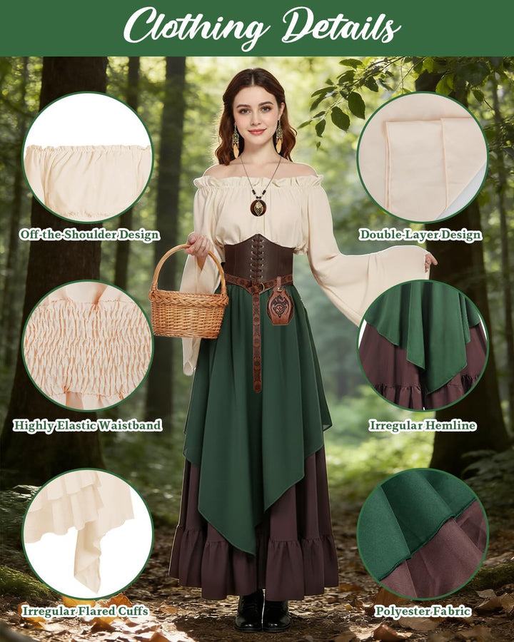 Mittelalter Kleidung Damen Set, Renaissance Kostüm und Retro Off Shoulder Bluse mit Corsett, Gürtelt