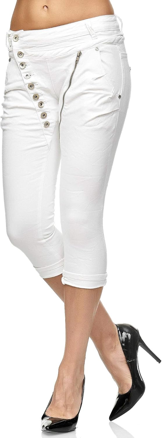 Elara Damen 3/4 Jeans Slim High Waist Capri Hose Chunkyrayan 36 Slim Weiss, 36 Slim Weiß