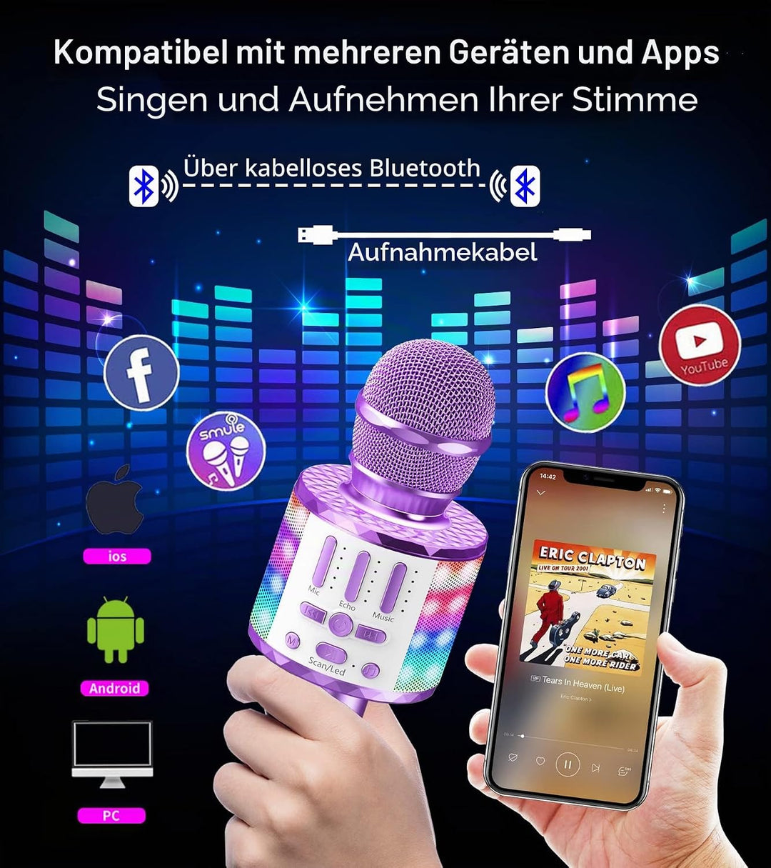 Karaoke Mikrofon, LED Drahtloses Bluetooth Mikrofon zum Singen mit Lautsprecher, Karaoke Spielzeug K