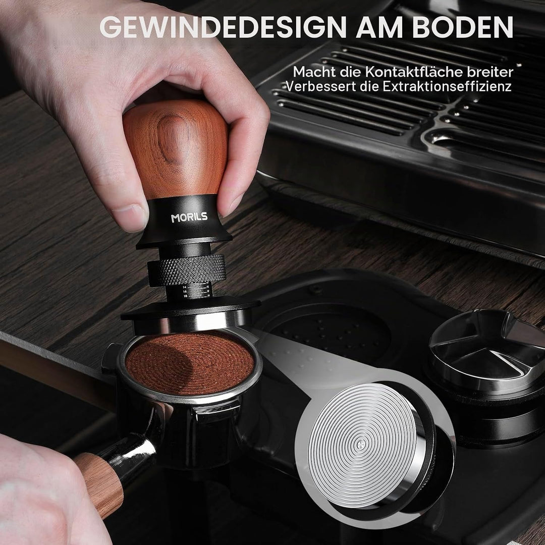 MORILS Kaffee Tamper 53.3mm, Nussholz Espresso Tamper, einstellbare Tiefe, Edelstahl Basis Tamper Pa