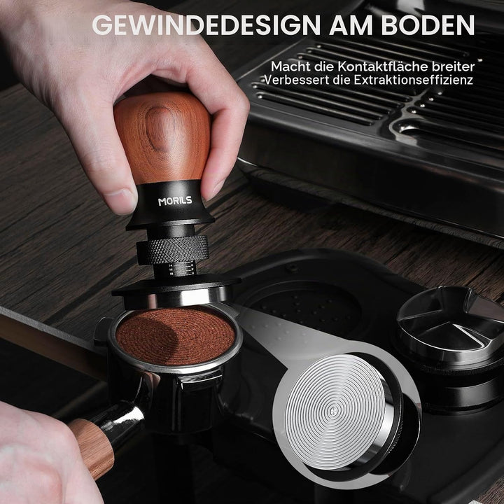 MORILS Kaffee Tamper 53.3mm, Nussholz Espresso Tamper, einstellbare Tiefe, Edelstahl Basis Tamper Pa