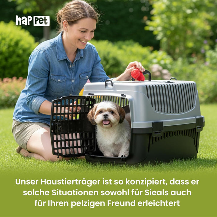HAPPET Tiertransportbox Polly M Grau & Schwarz 55x36,5x33 cm – Robuste, gut belüftete Transportbox a