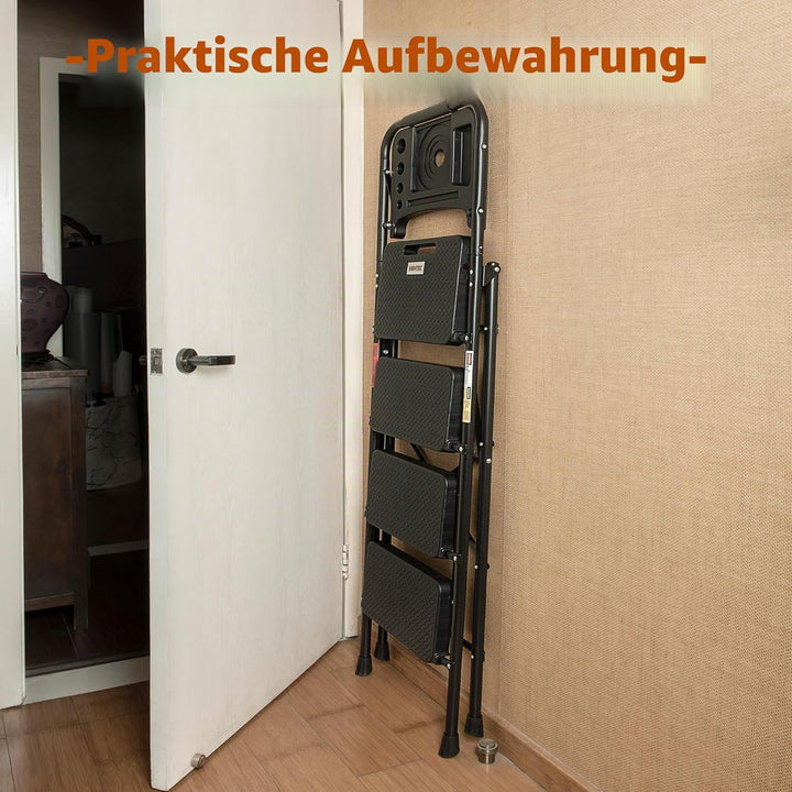 BONTEC Trittleiter 4 Stufen Klappbar, 181kg Kapazität mit Breiten Anti-Rutsch-Pedalen, Faltbarer Sta