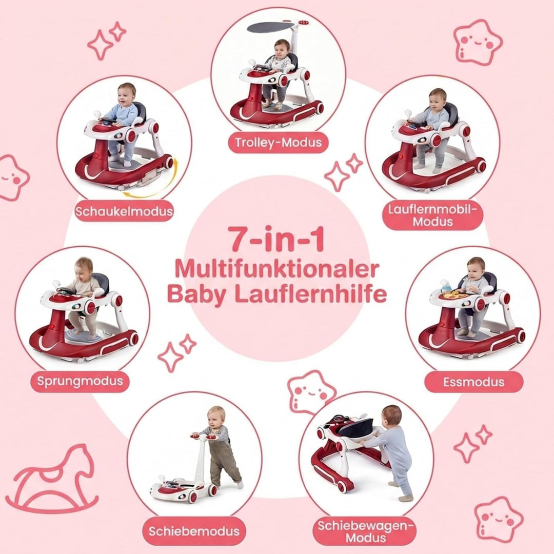 FANTASK 7 in 1 Lauflernhilfe mit abnehmbarem Verdeck, Lauflernwagen höhenverstellbar mit Spielboard,