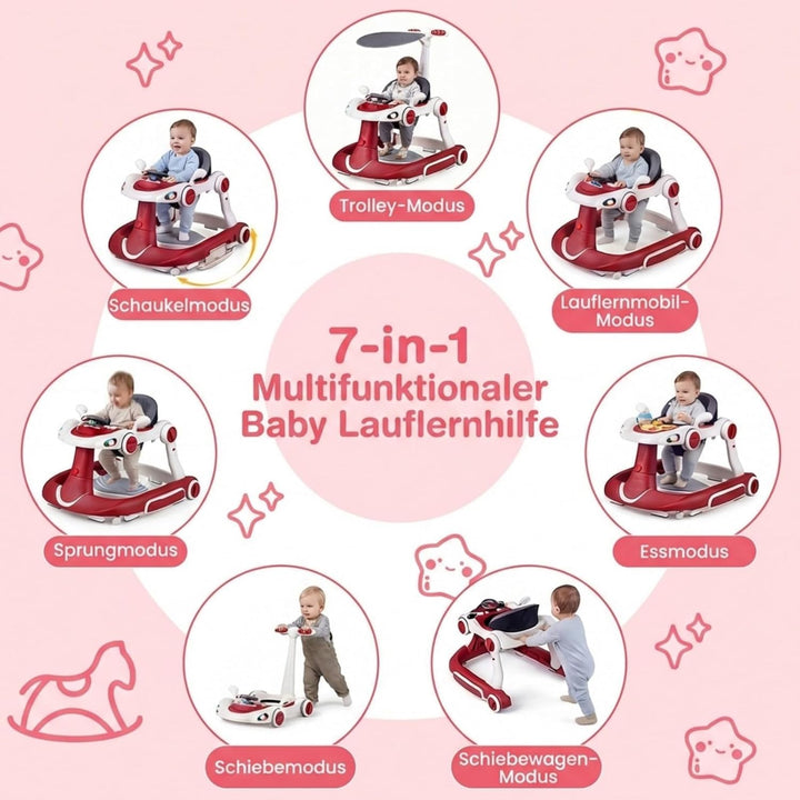 FANTASK 7 in 1 Lauflernhilfe mit abnehmbarem Verdeck, Lauflernwagen höhenverstellbar mit Spielboard,