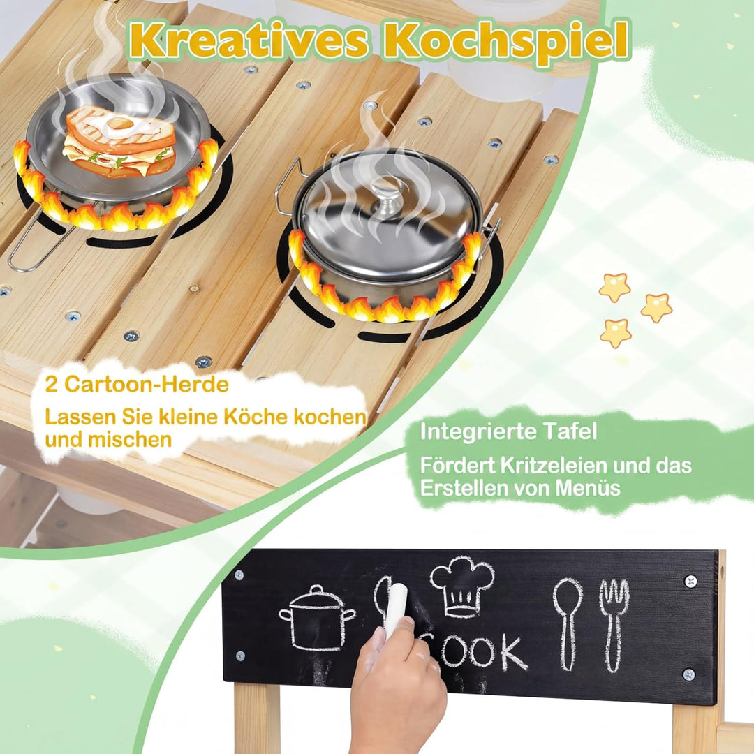 COSTWAY Matschküche Kinder, Outdoor Spielküche mit Herd, Spüle, Wassertank, Pflanztöpfen und Kreidet