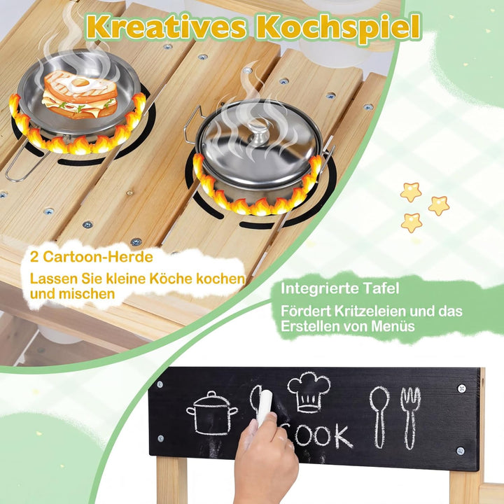 COSTWAY Matschküche Kinder, Outdoor Spielküche mit Herd, Spüle, Wassertank, Pflanztöpfen und Kreidet