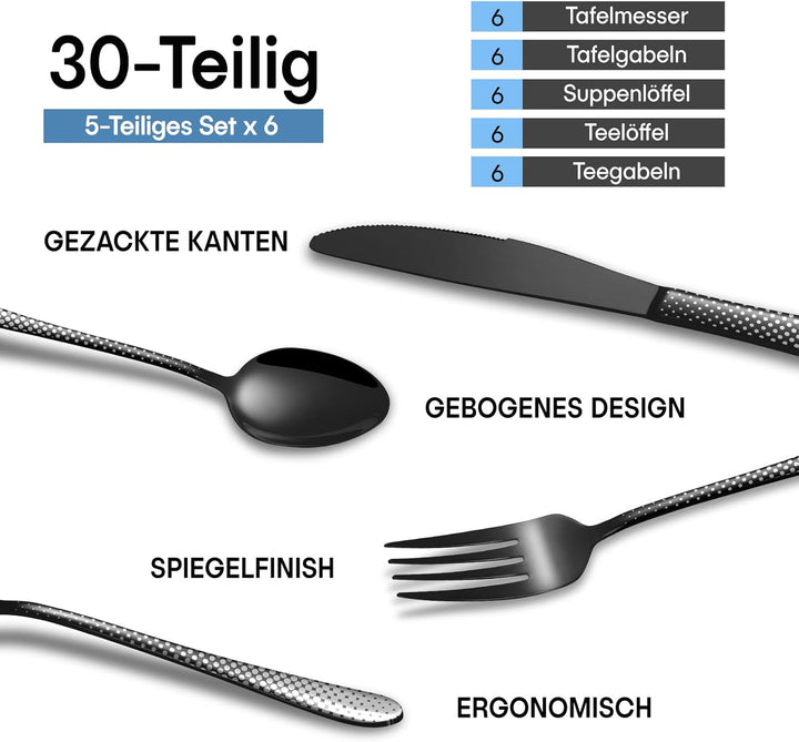 Besteck Set Schwarz 6 Personen, HONKKU 30 Teilig Edelstahl Besteckset, Essbesteck mit Einzigartiges
