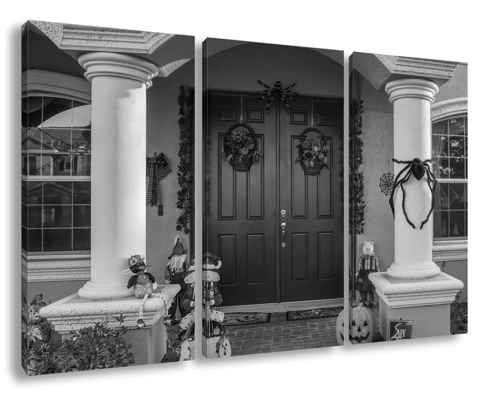 Halloween steht vor der Tür Effekt: Schwarz&Weiss,Format: 3Teilig als Leinwandbild, Motiv fertig ger