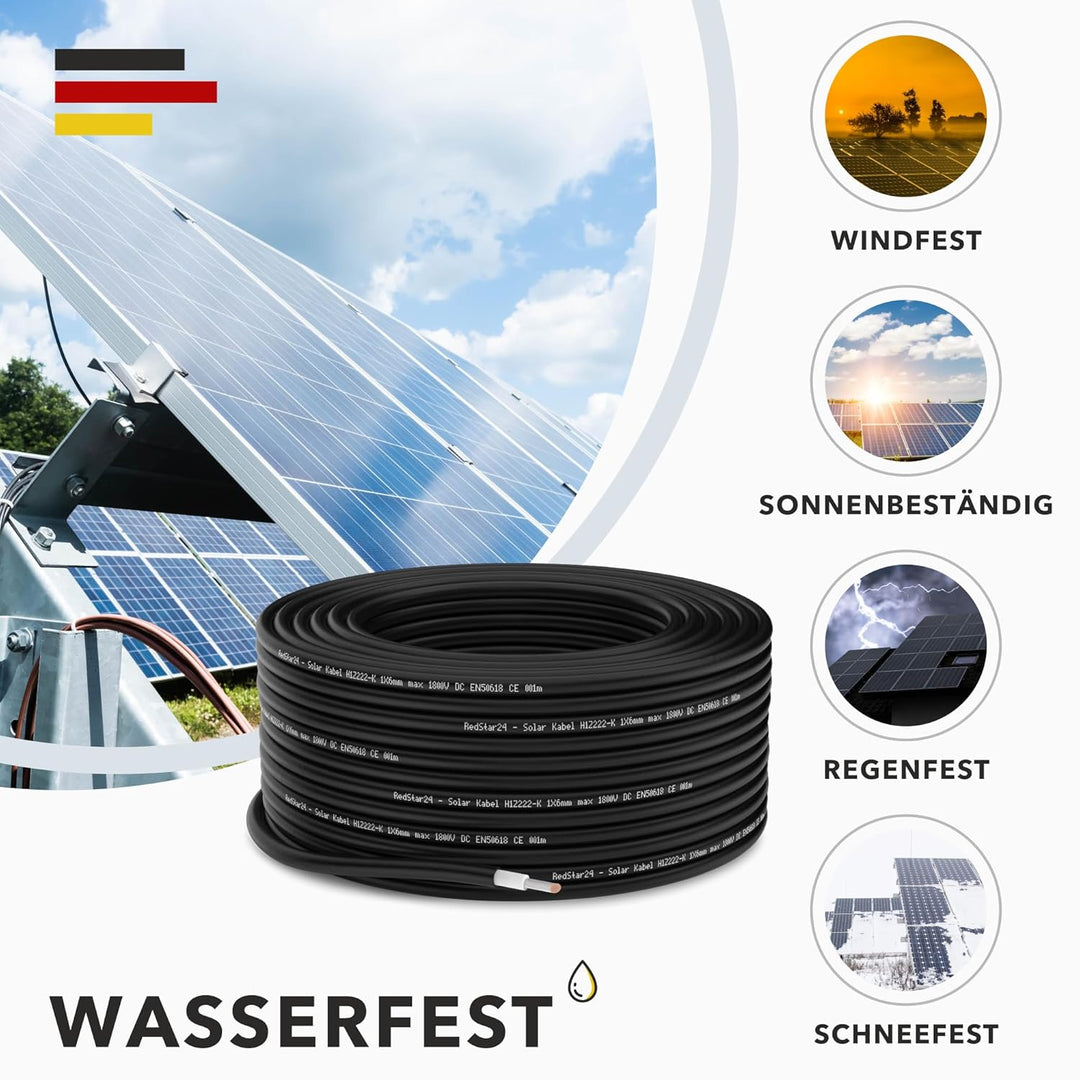 RedStar24 Solarkabel 6mm² Schwarz - 100m - TÜV-zertifiziert - UV-beständig, flexibel, Photovoltaik ,