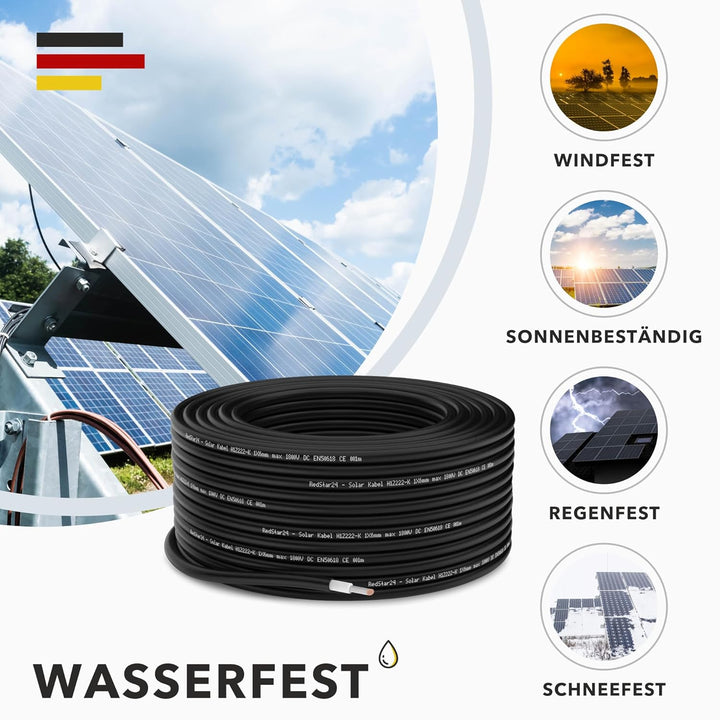 RedStar24 Solarkabel 6mm² Schwarz - 100m - TÜV-zertifiziert - UV-beständig, flexibel, Photovoltaik ,