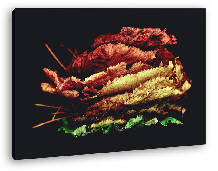 deyoli ein Stapel bunter Herbstblätter Format: 100x70 als Leinwand, Motiv fertig gerahmt auf Echthol