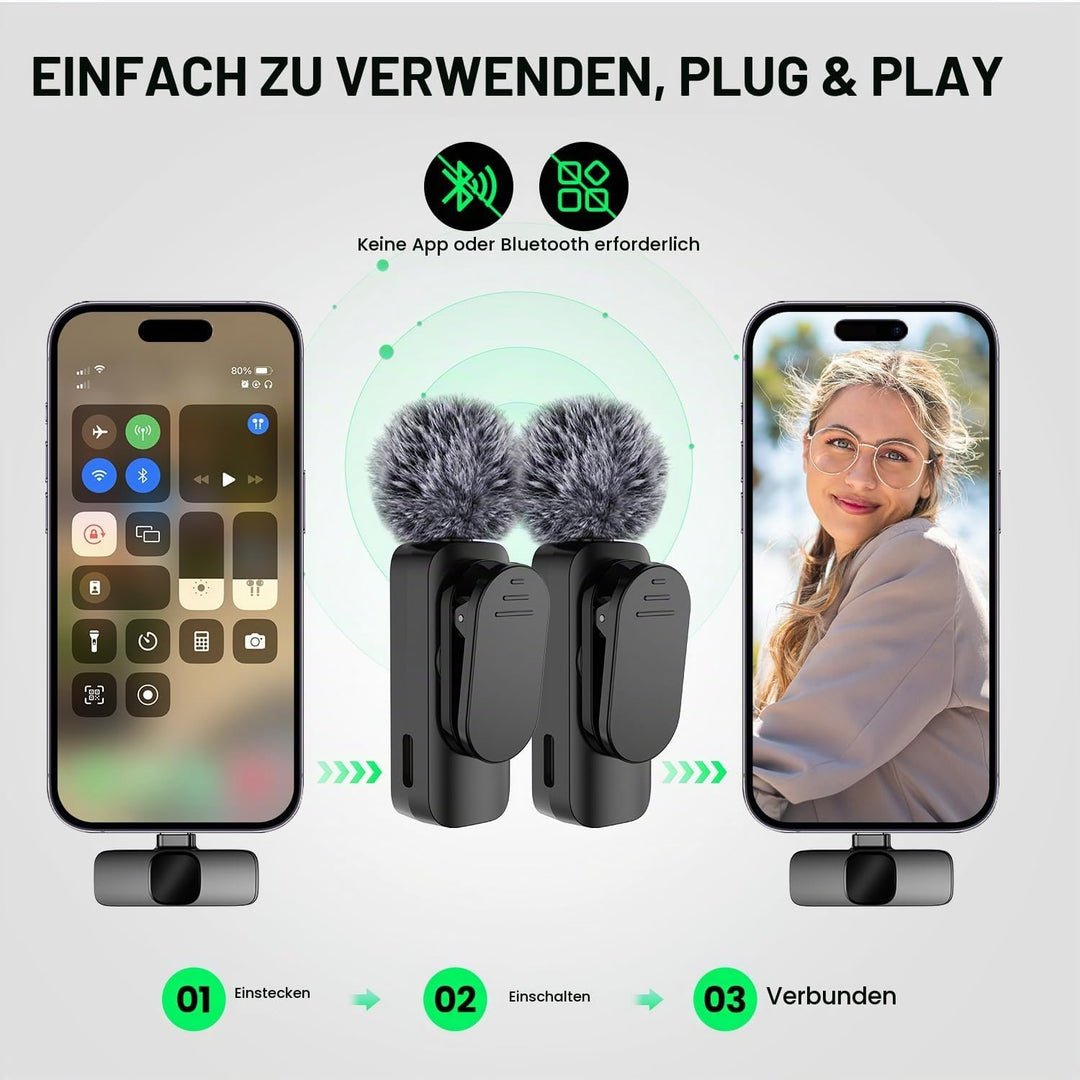 kabelloses Ansteckmikrofon mit Vier Aufnahmemodi für Handy, iPhone, Android und PC – Mini-Mikrofon,