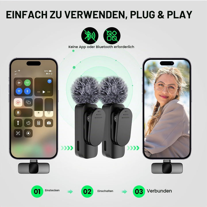 kabelloses Ansteckmikrofon mit Vier Aufnahmemodi für Handy, iPhone, Android und PC – Mini-Mikrofon,