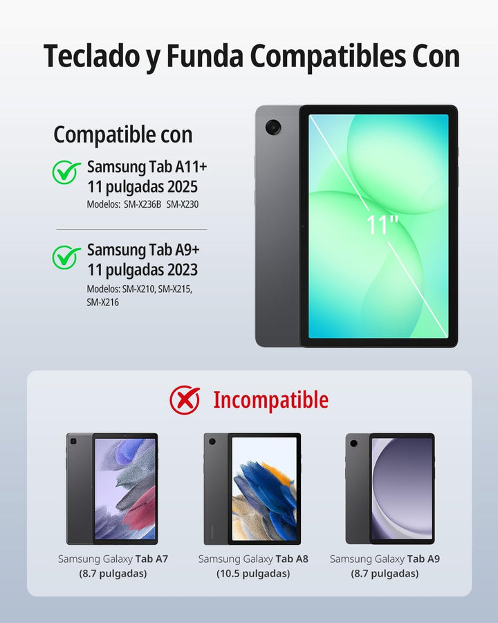 CACOE Drehbare Hülle mit Tastatur für Samsung Galaxy Tab A9 Plus 11 Zoll mit Touchpad, 7-Farbige Bel