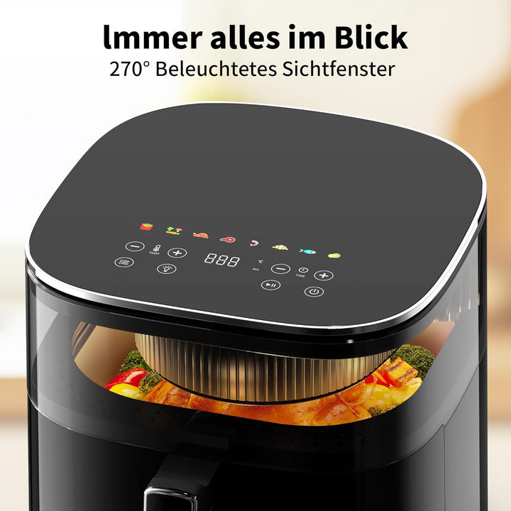 aeco TOUCH AirFryer 5,7 Liter, Heissluftfritteuse mit 270° beleuchtetem Sichfenster & digitalem Touc