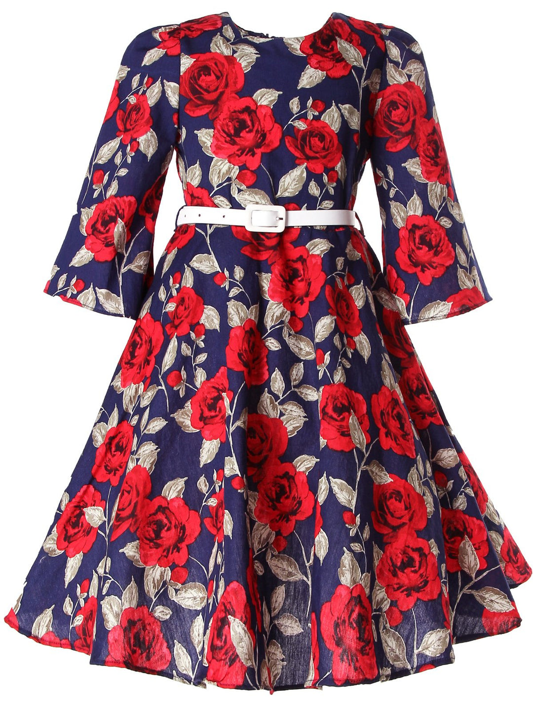 BONNY BILLY Mädchen Kleider Vintage Blumen Festlich Hochzeit Elegant Kinder Kleid mit Gürtel 3-4 Jah