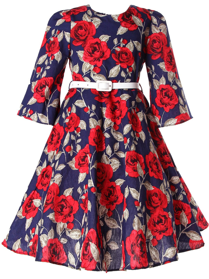 BONNY BILLY Mädchen Kleider Vintage Blumen Festlich Hochzeit Elegant Kinder Kleid mit Gürtel 3-4 Jah