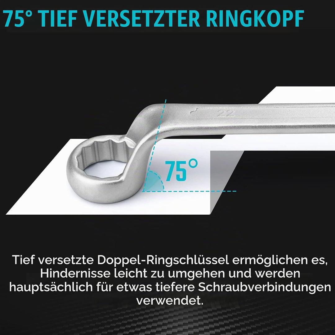 DURATECH Doppelringschlüssel-Satz, Gekröpfter Schraubenschlüssel Set, um 75 Grad abgewinkelt, DIN 83