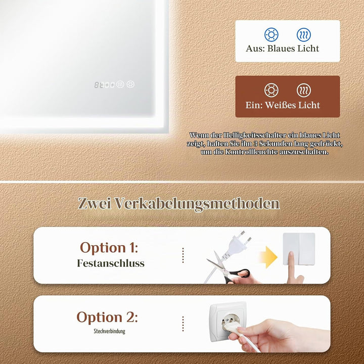 Clevich Badspiegel mit Beleuchtung und Uhr 100×60 cm, LED Spiegel mit 3 Lichtfarben dimmbar, gehärte