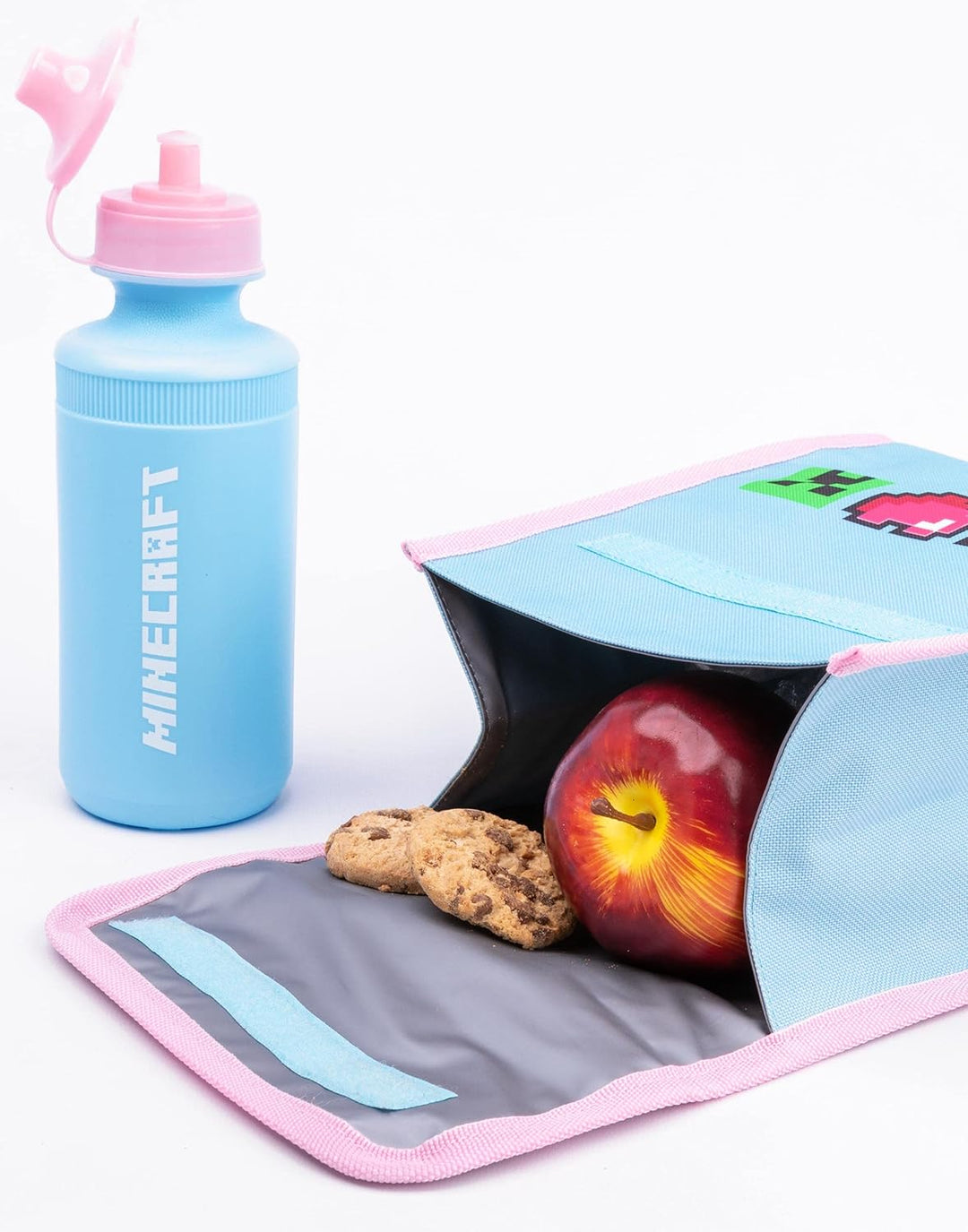 Minecraft Rucksack und Brotdose Set für Mädchen | Kinder 4-teilig Creeper Panda Herzen Blau Schulruc