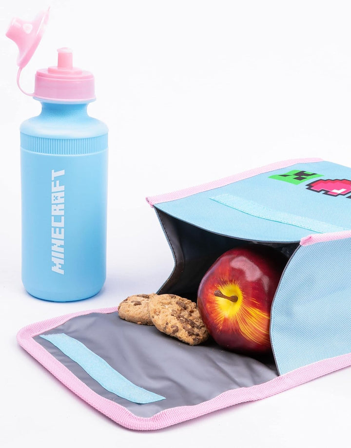Minecraft Rucksack und Brotdose Set für Mädchen | Kinder 4-teilig Creeper Panda Herzen Blau Schulruc