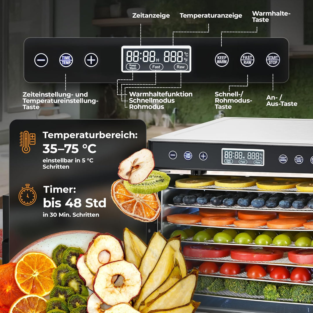 Balter Dörrautomat Edelstahl, Dörrgerät mit 7 Einlegefächern, BPA-frei, 600 W, 35°–75°C, Timer bis 4