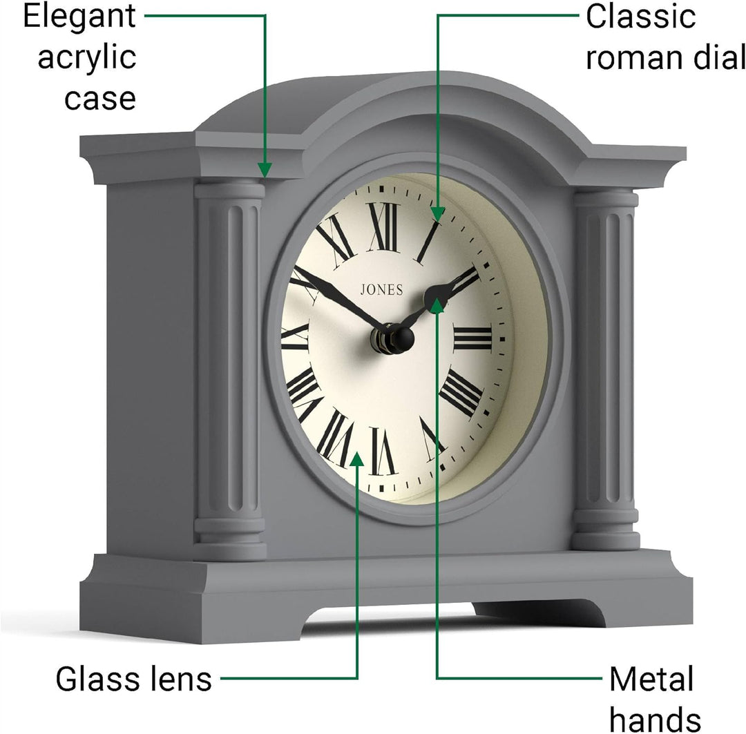 JONES CLOCKS® Kensington Kaminuhr | Klassische Uhr mit gewölbtem Oberteil | Grau | Stilvoll & modern