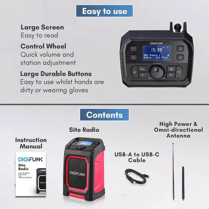 DigiFunk Baustellenradio mit Akku | Wiederaufladbar über USB | DAB+ / DAB, FM, Bluetooth, AUX | IP65