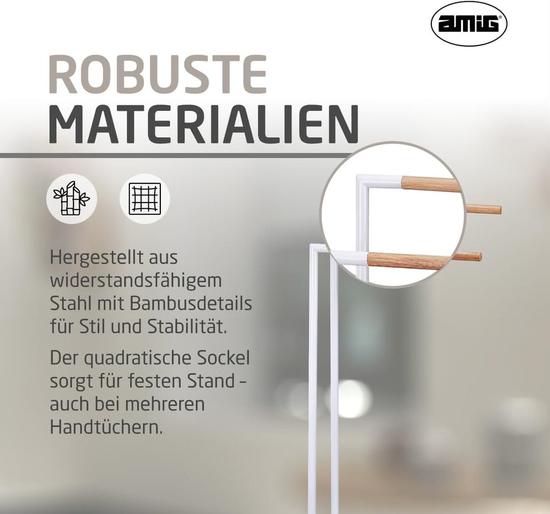Amig - Weisser freistehender Handtuchhalter mit Holzstangen - Doppelständer für Badetücher - Minimal