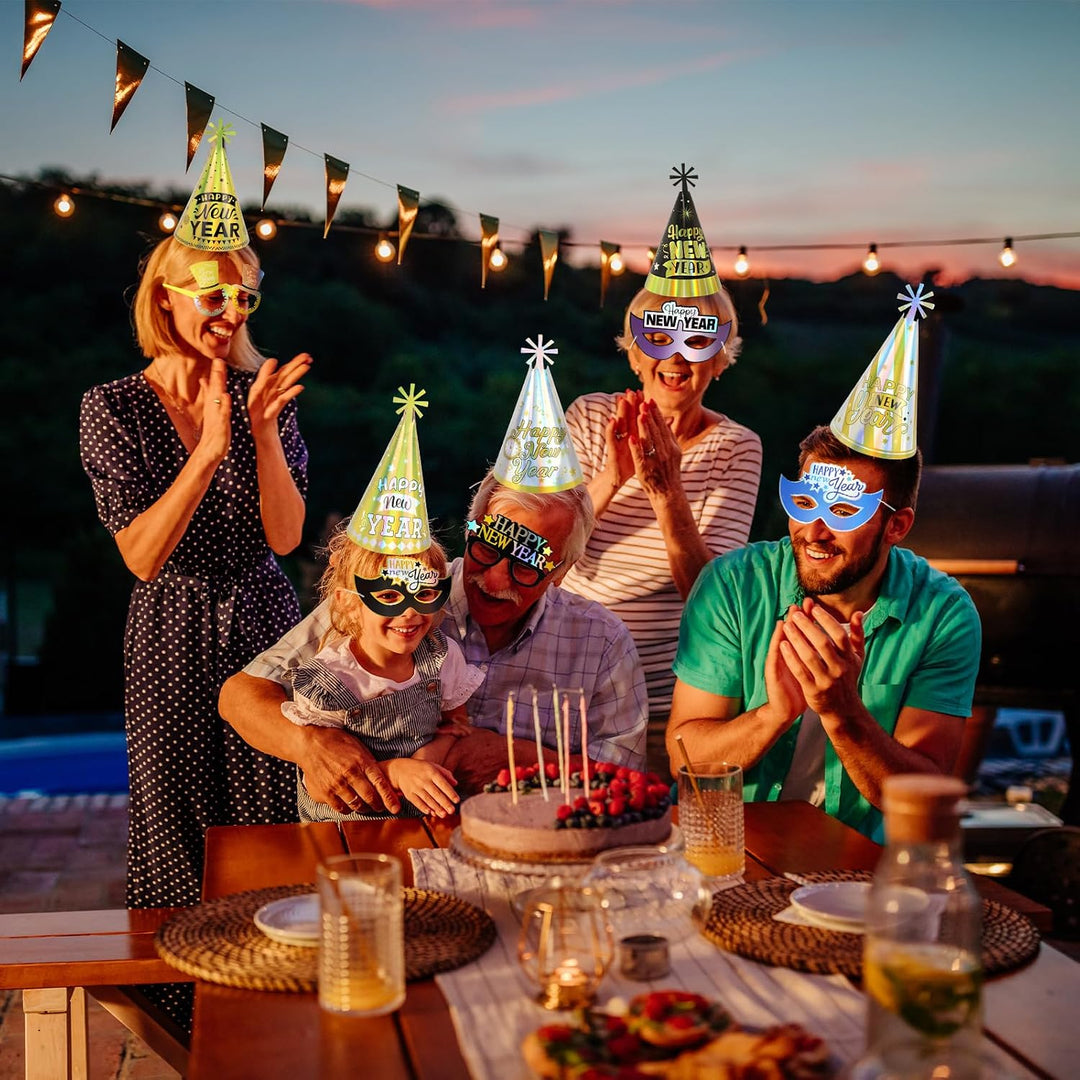 DPKOW Silvester Deko, Silvester Partyhüte Haarreif Partybrille Set Schwarz Gold Silber Farbe, Schwar