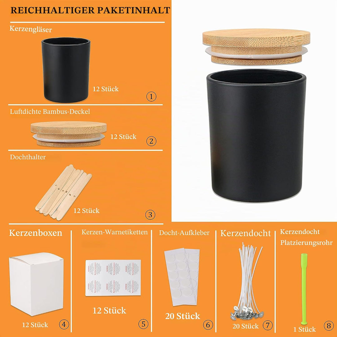 MILIVIXAY Mattierte schwarze Kerzengläser aus Glas mit Deckeln und Kerzenherstellungs-Sets, leere Ke